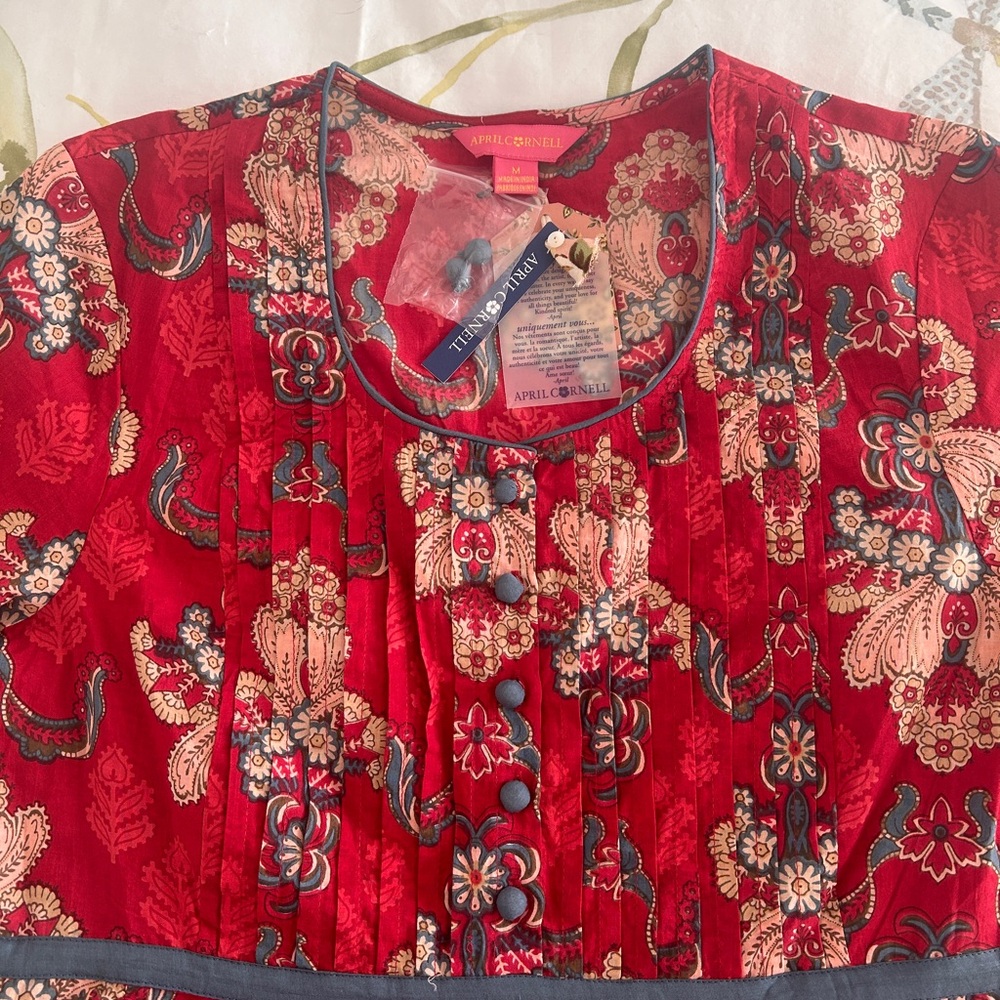April Cornell Red Floral Pintuck Dress with Blue Trim “Firenze Dress”